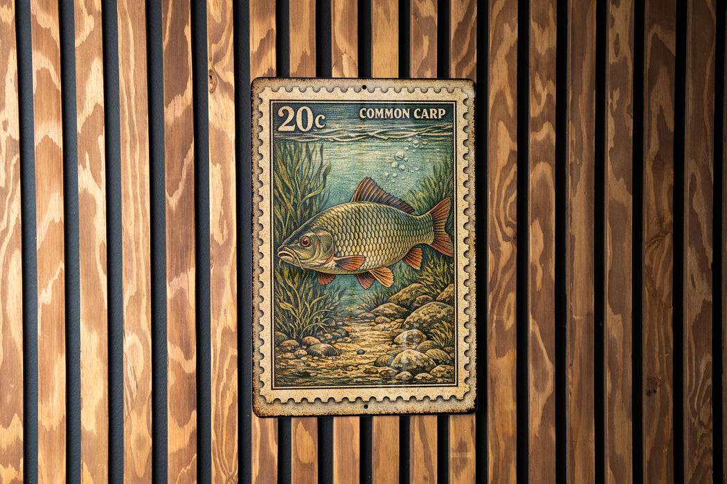 A 20-cent stamp depicting a common carp fish, which is a type of carp, is hanging on a wooden wall.