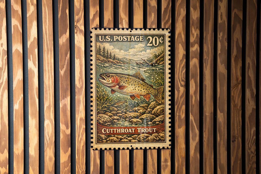 A U.S. postage stamp featuring a cutthroat trout, which is a type of fish, is displayed on a wooden wall.