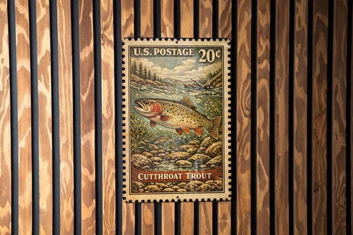 A U.S. postage stamp featuring a cutthroat trout, which is a type of fish, is displayed on a wooden wall.