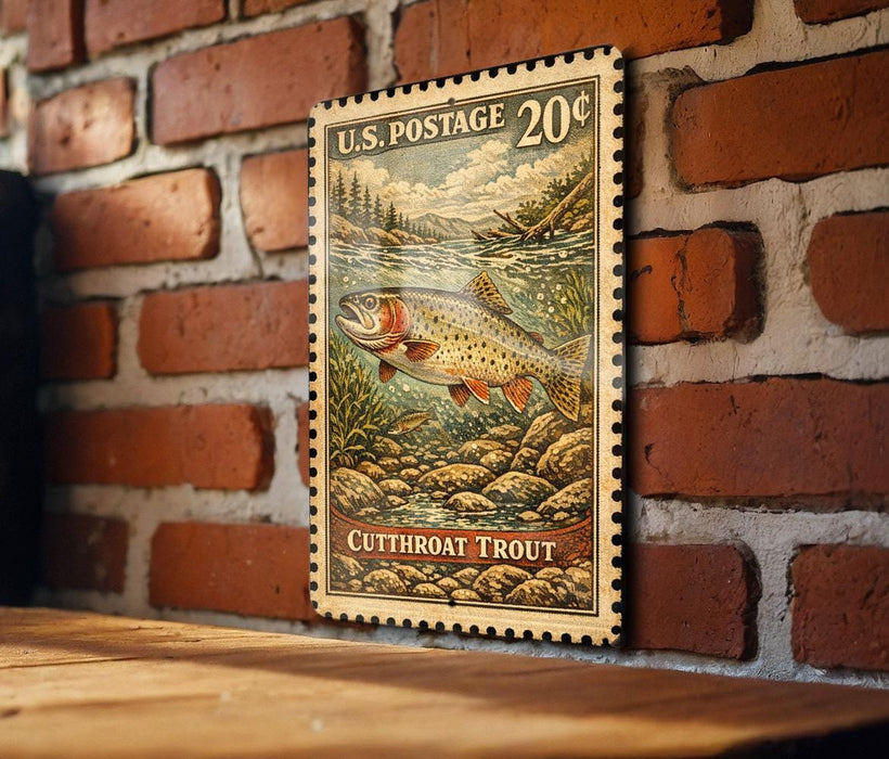 A U.S. postage stamp featuring a cutthroat trout is displayed on a brick wall.