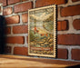 A U.S. postage stamp featuring a cutthroat trout is displayed on a brick wall.