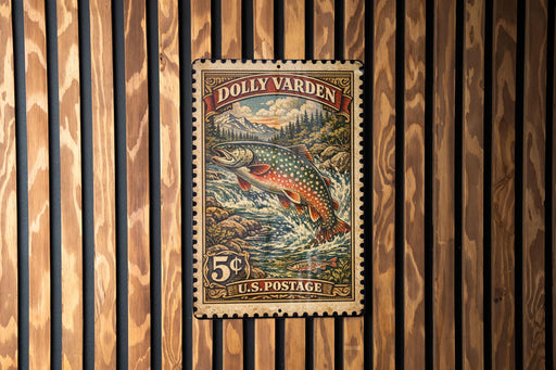 A vintage postage stamp featuring a fish, likely a trout, is displayed on a wooden wall.