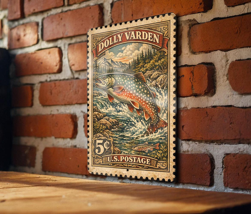 A vintage postage stamp featuring a fish, likely a trout, against a brick wall background.