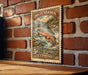 A vintage postage stamp featuring a fish, likely a trout, against a brick wall background.