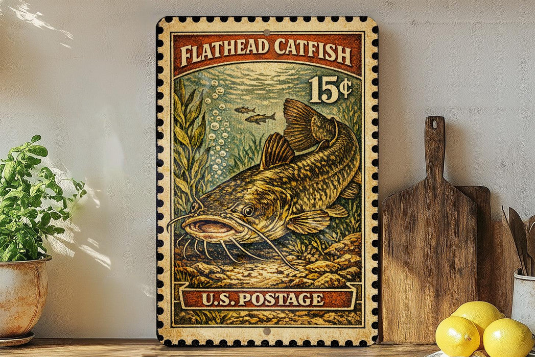 A vintage-style postage stamp featuring a flathead catfish, with the text "Flathead Catfish 15¢" and "U.S. Postage" printed on it. The stamp is displayed on a shelf next to a wooden cutting board and a potted plant.