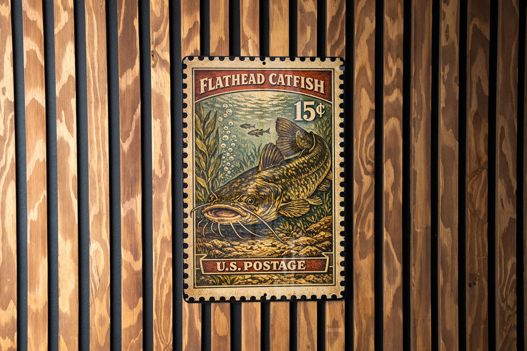 A U.S. postage stamp featuring a flathead catfish, with the text "FLATHEAD CATFISH 15¢" and "U.S. POSTAGE" printed on it.