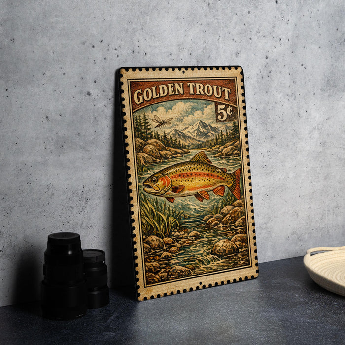 A framed print of a golden trout on a wall, with a vintage-style border and a price tag of 5 cents.