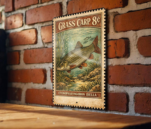 a vintage-style poster of a carp fish, mounted on a brick wall.