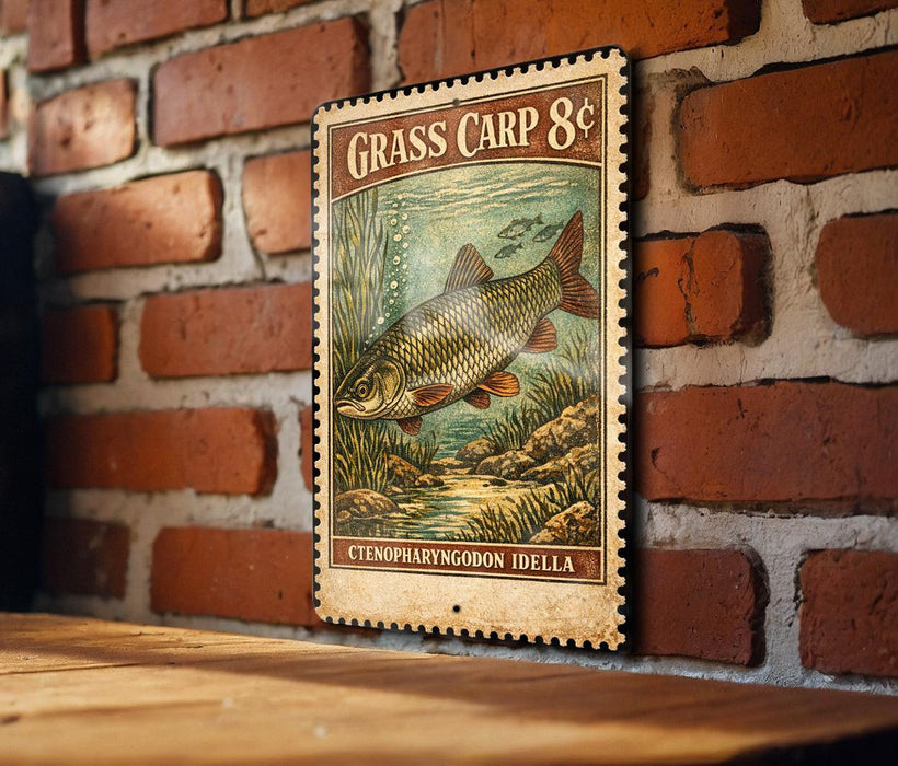 a vintage-style poster of a carp fish, mounted on a brick wall.