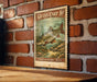a vintage-style poster of a carp fish, mounted on a brick wall.