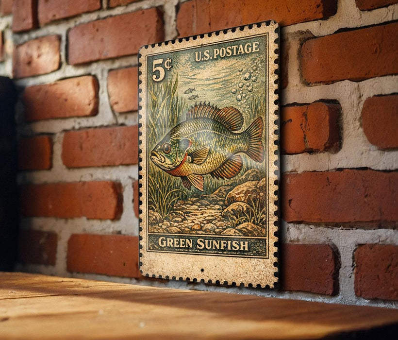 A 5 cent US postage stamp featuring a green sunfish on a brick wall.