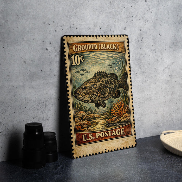 A vintage-style postage stamp featuring a large fish, placed on a table next to some black camera lenses.