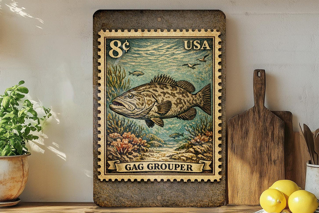 A framed postage stamp depicting a large fish, likely a gag grouper, is displayed on a shelf next to a wooden cutting board and some kitchen utensils.