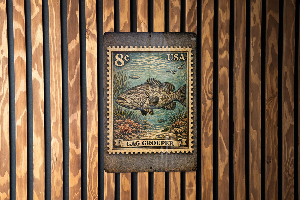 A metal plate with a postage stamp design featuring a fish, mounted on a wooden wall.