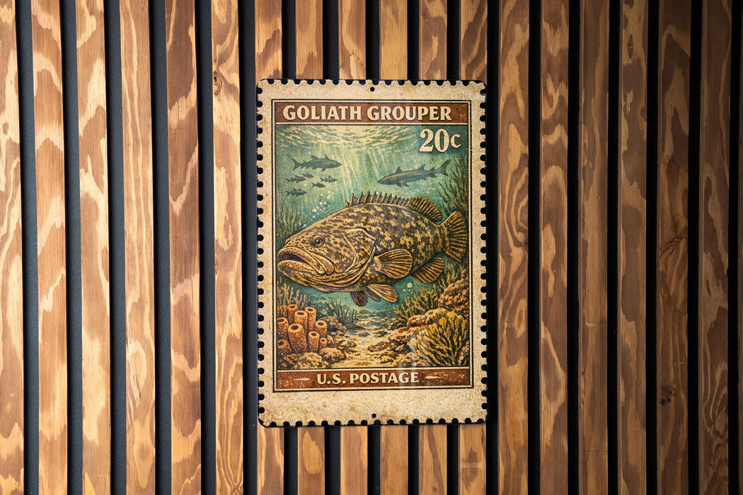 A postage stamp featuring a large fish, likely a Goliath grouper, swimming in a coral reef environment.