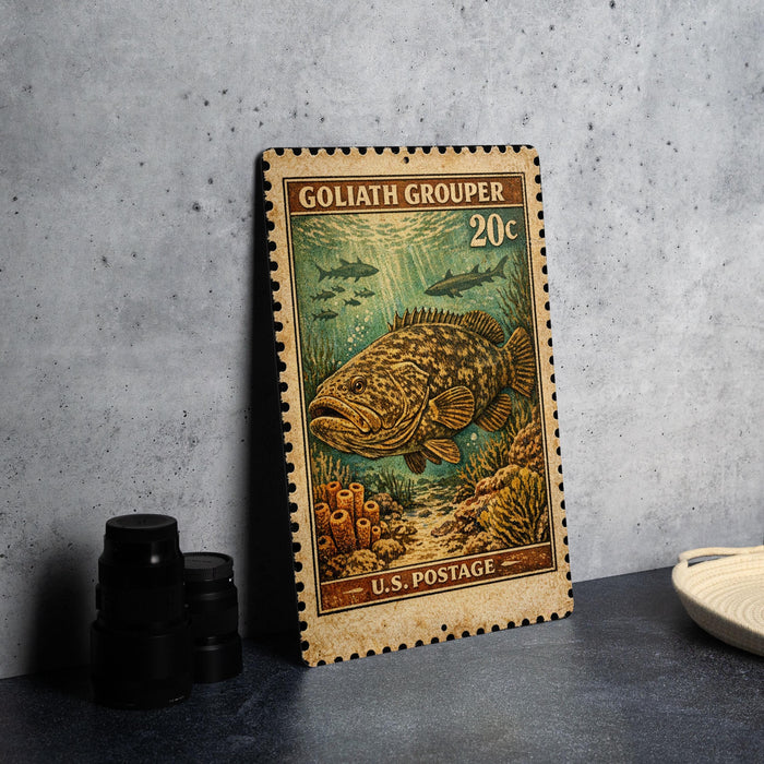 A framed postage stamp featuring a large fish, likely a Goliath grouper, swimming underwater. The stamp is placed on a gray surface next to some black camera lenses.