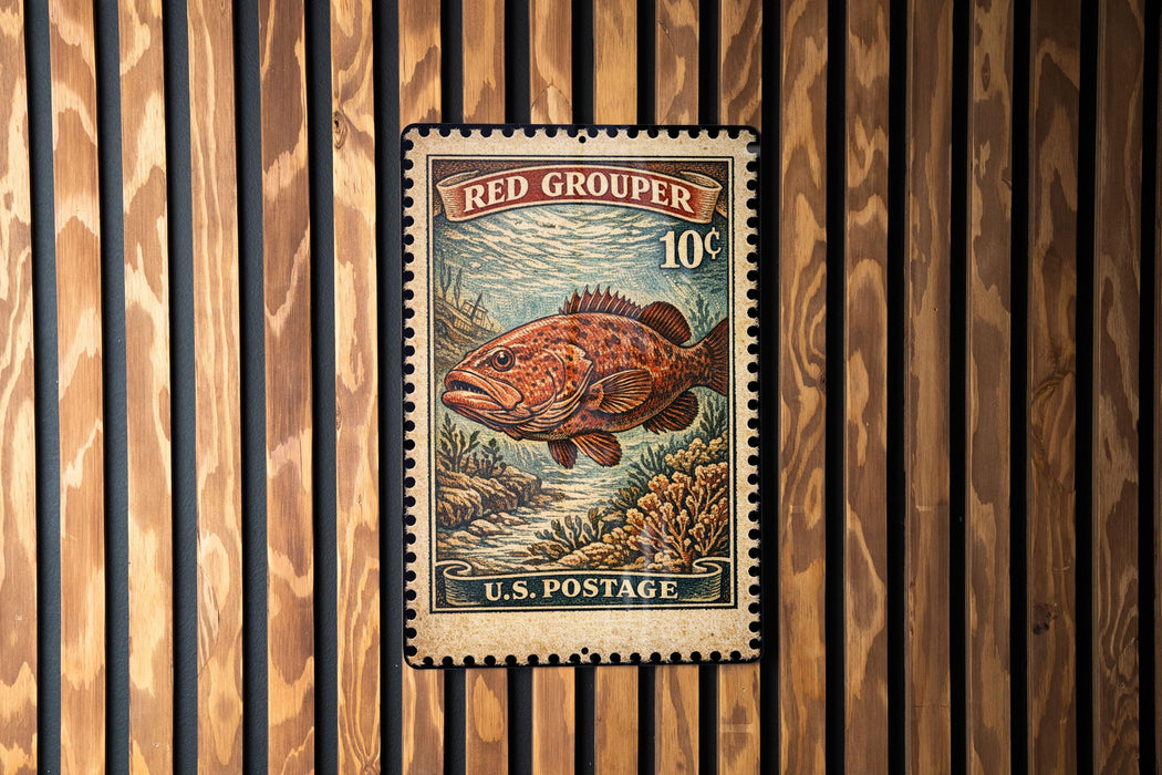 A U.S. postage stamp featuring a large red fish, likely a grouper, against a wooden background.
