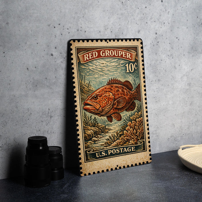 A vintage-style stamp depicting a large fish, likely a Red Grouper, is displayed on a surface next to some black camera lenses.