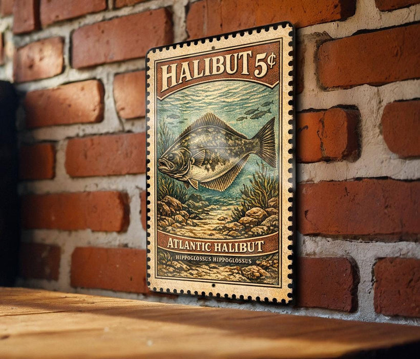 A metal sign with a fish illustration and text, mounted on a brick wall.