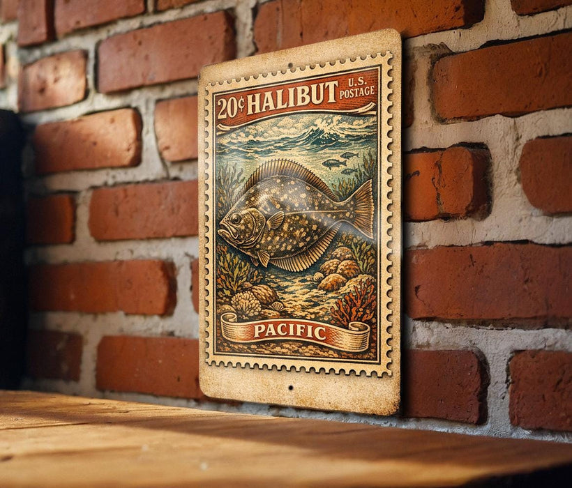A vintage-style postage stamp featuring a halibut fish, mounted on a brick wall.