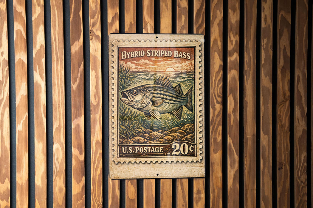 A U.S. postage stamp featuring a striped bass is displayed on a wooden wall.