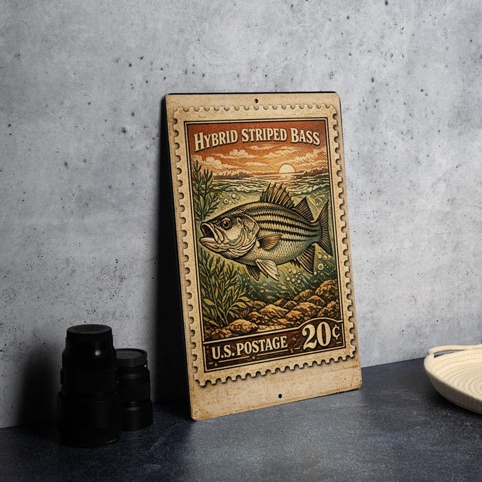 A vintage-style postage stamp featuring a striped bass, placed on a dark surface next to some black camera lenses.