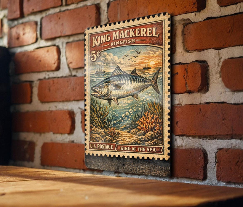 A vintage-style postage stamp featuring a large kingfish, hanging on a brick wall.
