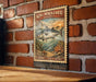 A vintage-style postage stamp featuring a large kingfish, hanging on a brick wall.