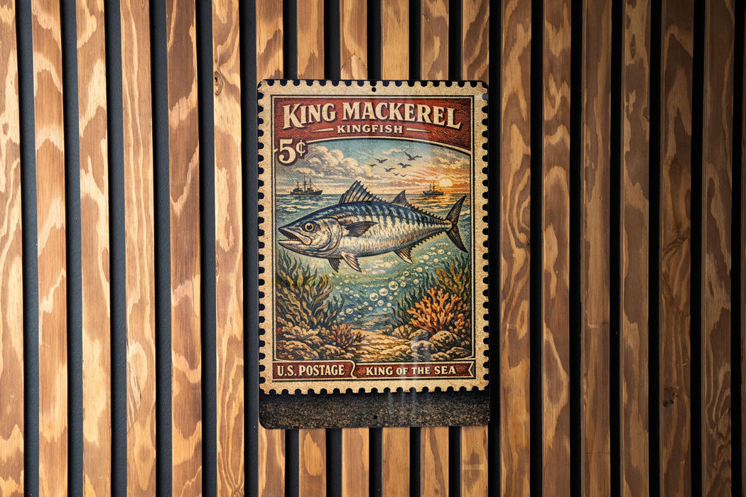 A King Mackerel postage stamp from the United States, featuring a colorful illustration of a kingfish in the ocean.