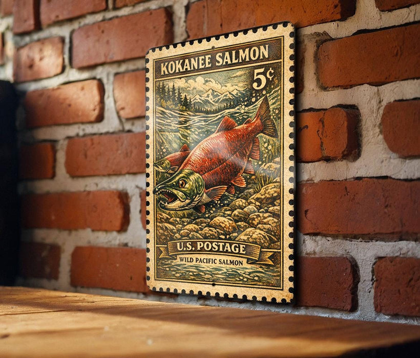 A 5 cent U.S. postage stamp featuring a large illustration of a salmon fish.