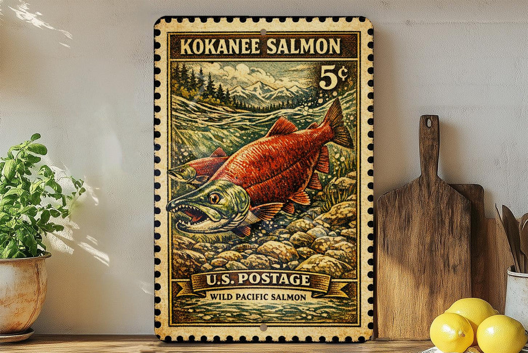 A framed U.S. postage stamp depicting a red salmon, with a wooden paddle and a potted plant in the background.