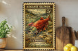 A framed U.S. postage stamp depicting a red salmon, with a wooden paddle and a potted plant in the background.
