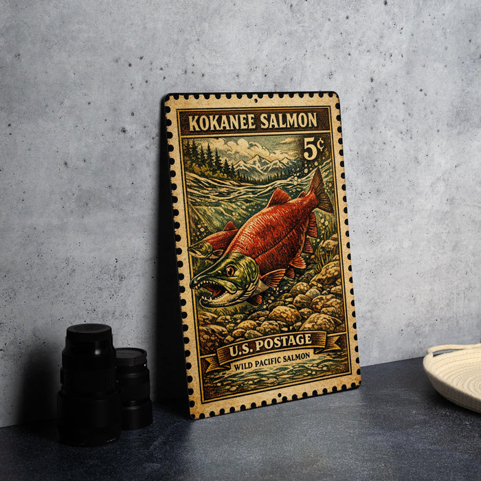 A 5¢ postage stamp from the United States, featuring an illustration of a red salmon in a natural setting.