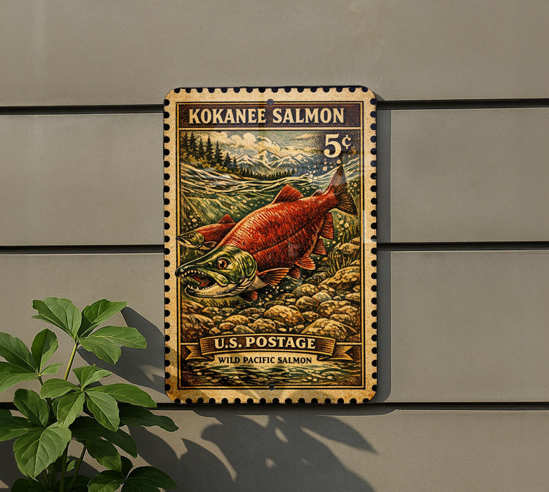 A vintage U.S. postage stamp featuring a red salmon fish, mounted on a wall next to a plant.
