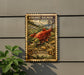 A vintage U.S. postage stamp featuring a red salmon fish, mounted on a wall next to a plant.