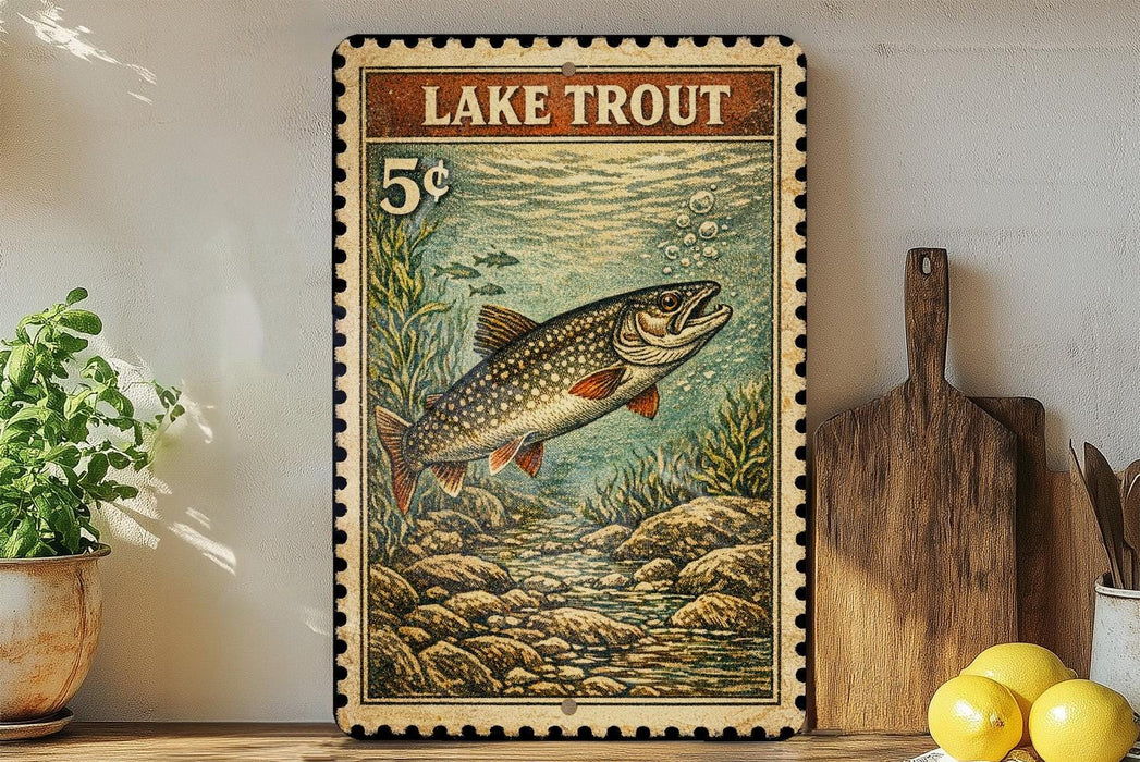 A framed print of a lake trout is displayed on a shelf, surrounded by kitchen utensils and a potted plant.