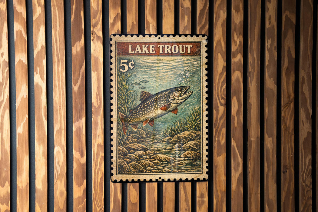 A vintage-style stamp depicting a lake trout, with the text "LAKETROUT" and the denomination of 5 cents.