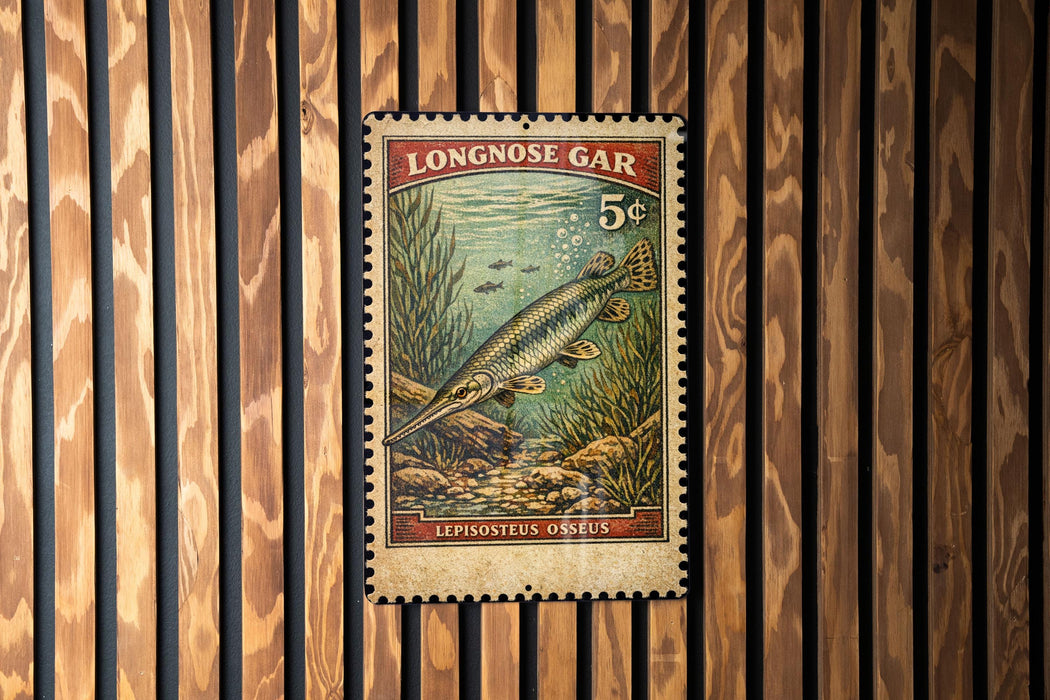 A vintage-style postage stamp from Longnose Gar, featuring a fish illustration, is displayed on a wooden wall.