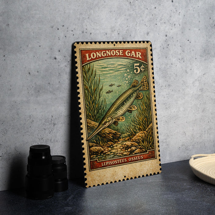 A vintage-style metal stamp depicting a fish, likely a Long Nose Gar, with the text "LONGNOSE GAR 5c" printed on it. The stamp is placed on a gray surface, with a stack of black objects and a white dish visible in the background.