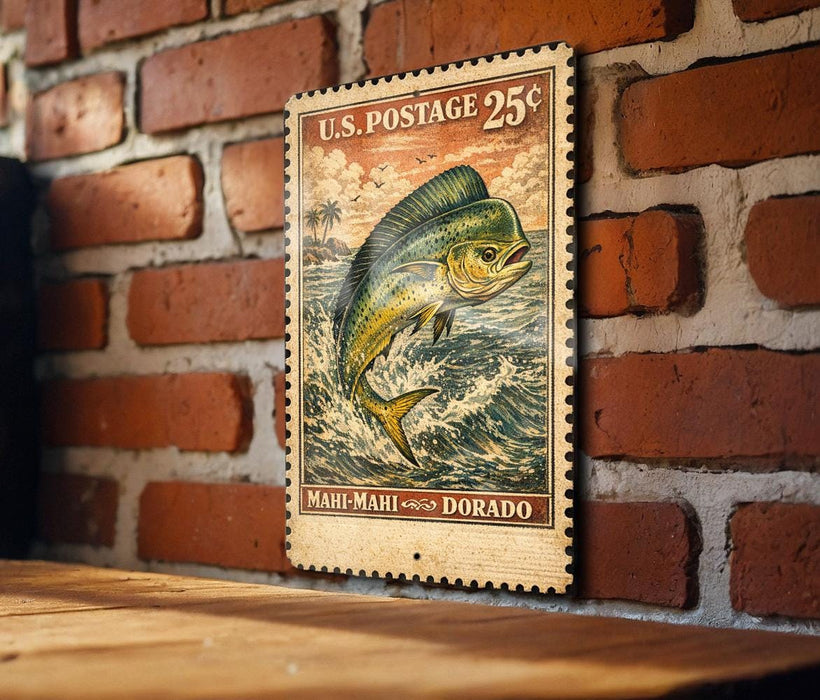 A vintage U.S. postage stamp featuring a large fish, likely a Mahi Mahi, is displayed on a brick wall.