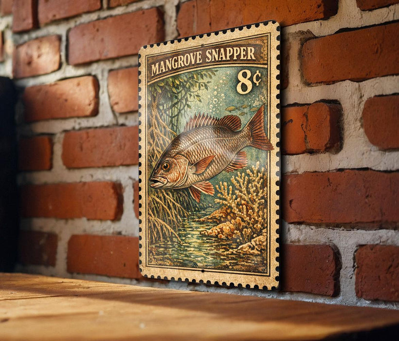 A vintage-style postage stamp featuring a fish, likely a Mangrove Snapper, is displayed on a brick wall.