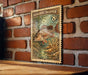 A vintage-style postage stamp featuring a fish, likely a Mangrove Snapper, is displayed on a brick wall.