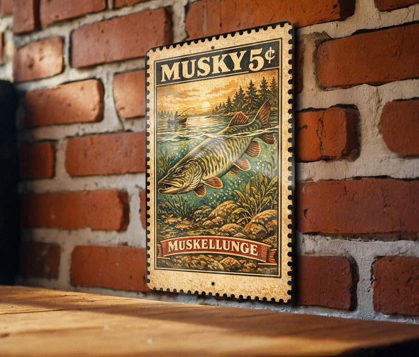 A metal sign with a painting of a muskrat on a brick wall.