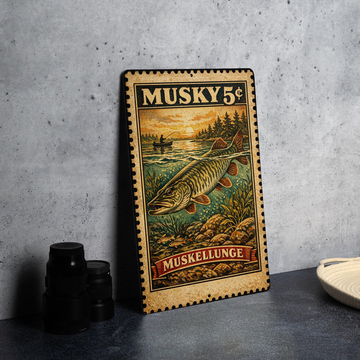A metal sign with a painting of a musky fish and the text "MUSKY 5¢" on it, placed on a gray surface next to some black objects.