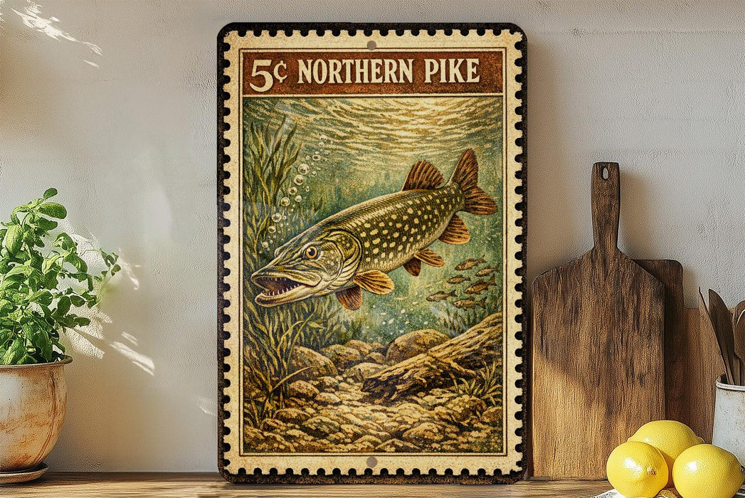 A framed print of a fish, likely a pike, is displayed on a wall next to a wooden cutting board and some lemons.