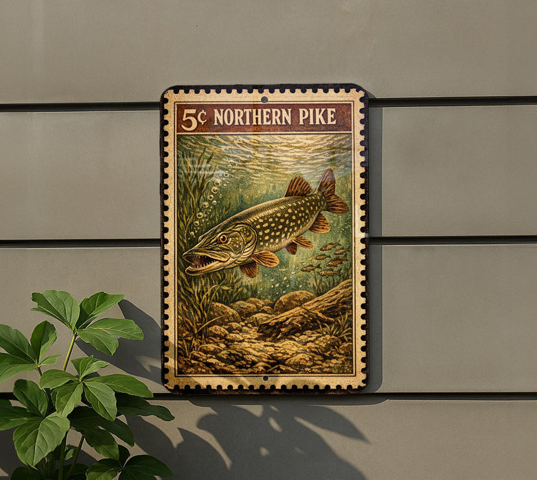 a sign with a fish illustration, mounted on a wall.