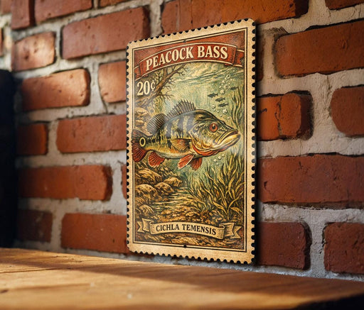 A vintage-style postage stamp featuring a peacock bass, with a brick wall and wooden table in the background.