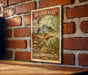 A vintage-style postage stamp featuring a peacock bass, with a brick wall and wooden table in the background.