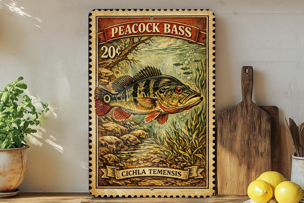 A framed vintage postage stamp featuring a peacock bass, with a price of 20 cents, is displayed on a shelf next to a wooden cutting board and a potted plant.