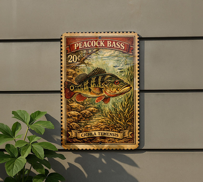 a vintage-style sign with a peacock bass illustration, mounted on a wall next to a plant.